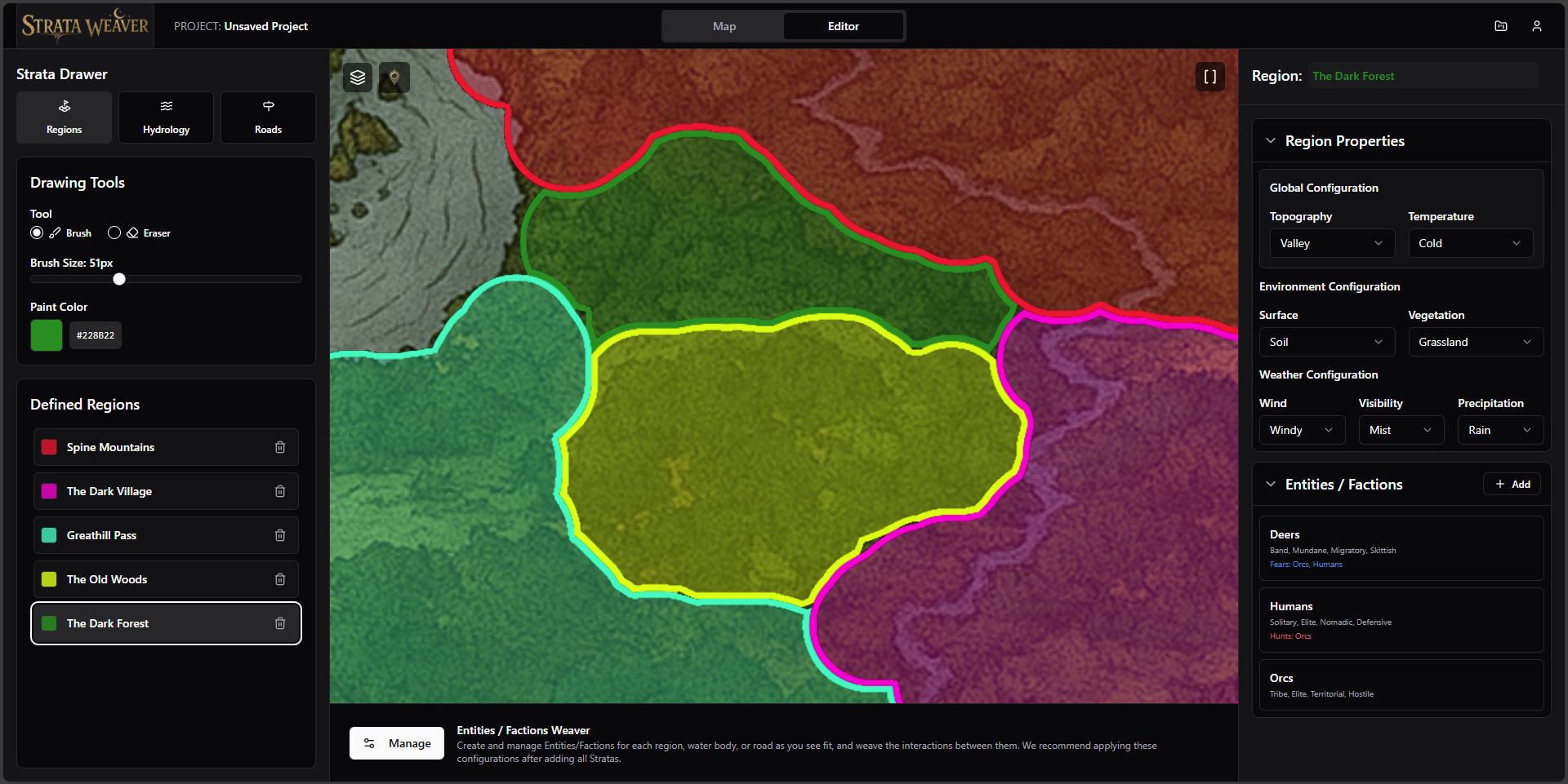 Strata Weaver Editor Interface displaying logic nodes for ecosystem behavior and faction migration